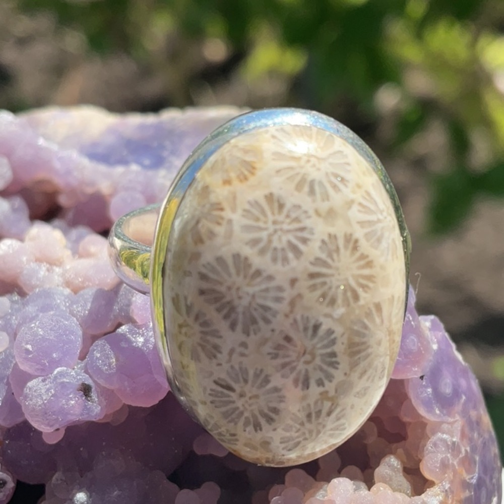 INDONESIEN FOSSIL CORAL 925 STERLING SILVER RING, SIZE 10